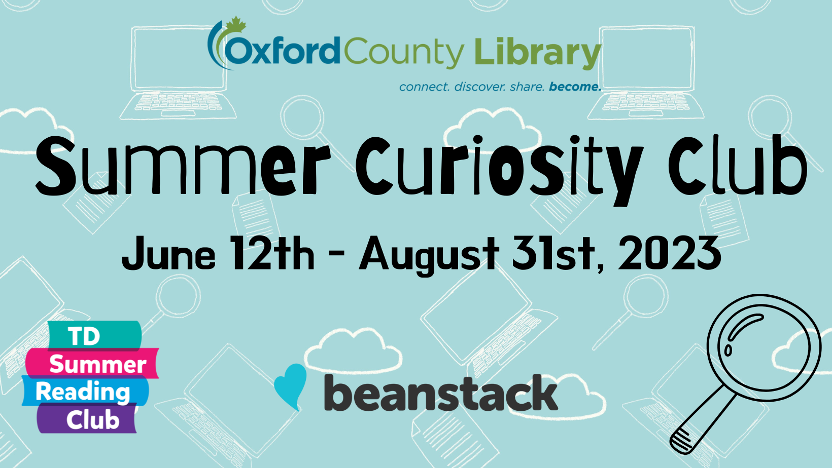 Summer Curiosity Club June 12 - August 31, 2023 including Beanstack logo